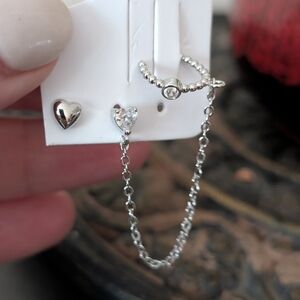 Duo, 18k White Gold Heart Stud & Chain Earrings